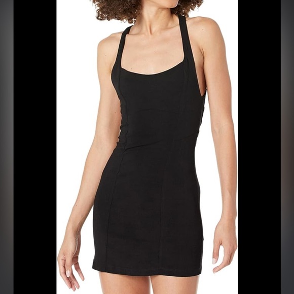 Free People solid just peachy mini black stretch tennis dress razor back low cut - Picture 1 of 10